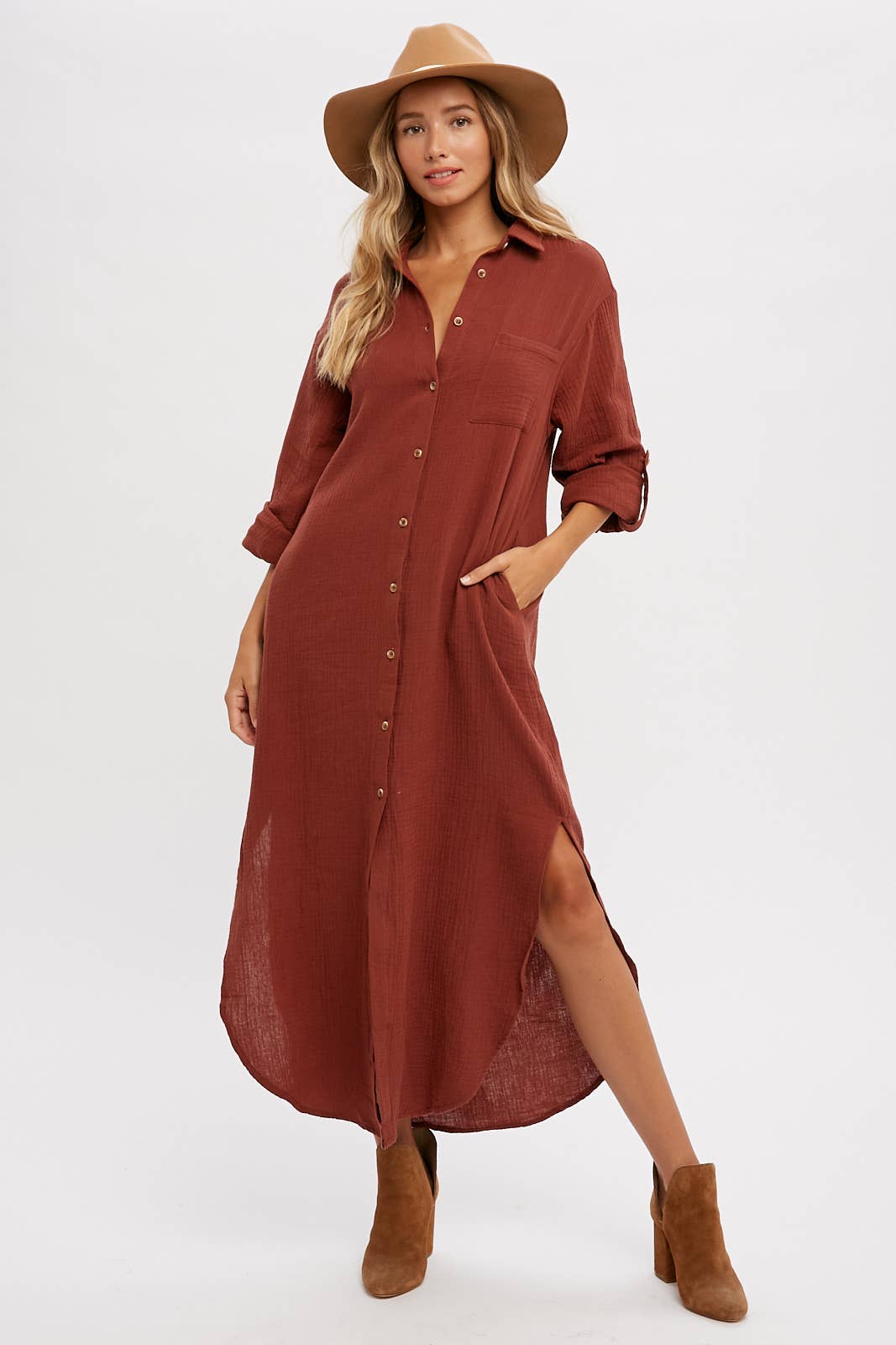 Blair Button Up Shirt/Dress - Brick